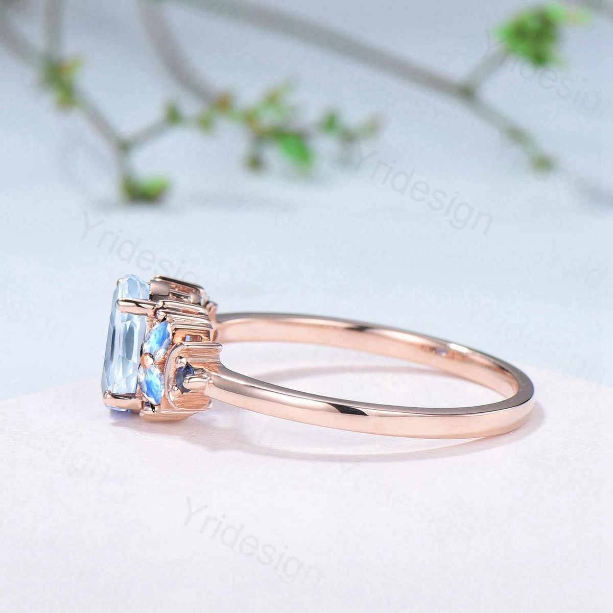 Unique Natural Oval Aquamarine Engagement Ring Cluster Sapphire Moonstone Moon Wedding Ring Floral 14K Rose Gold Anniversary Proposal Gift