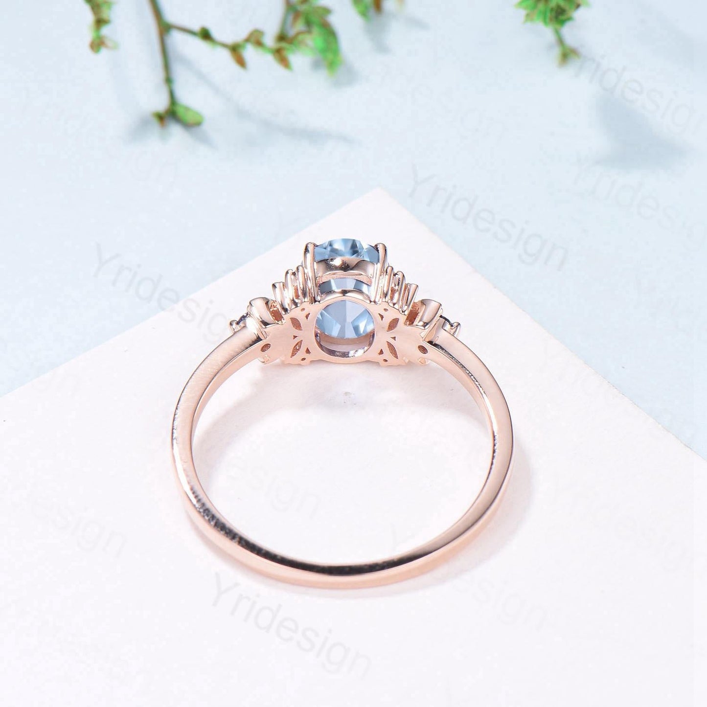Unique Natural Oval Aquamarine Engagement Ring Cluster Sapphire Moonstone Moon Wedding Ring Floral 14K Rose Gold Anniversary Proposal Gift