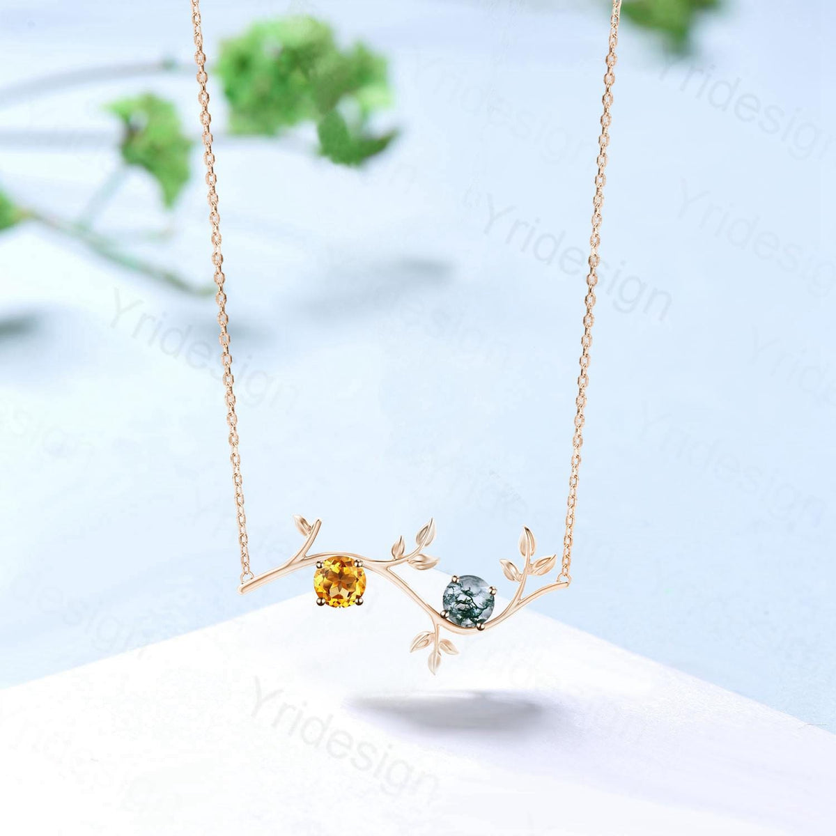 Nature Inspired Moss Agate Necklace Unique Leaves Vine Branch Citrine Pendant Necklace Branch Guard Pendant Unique Anniversary gift for her