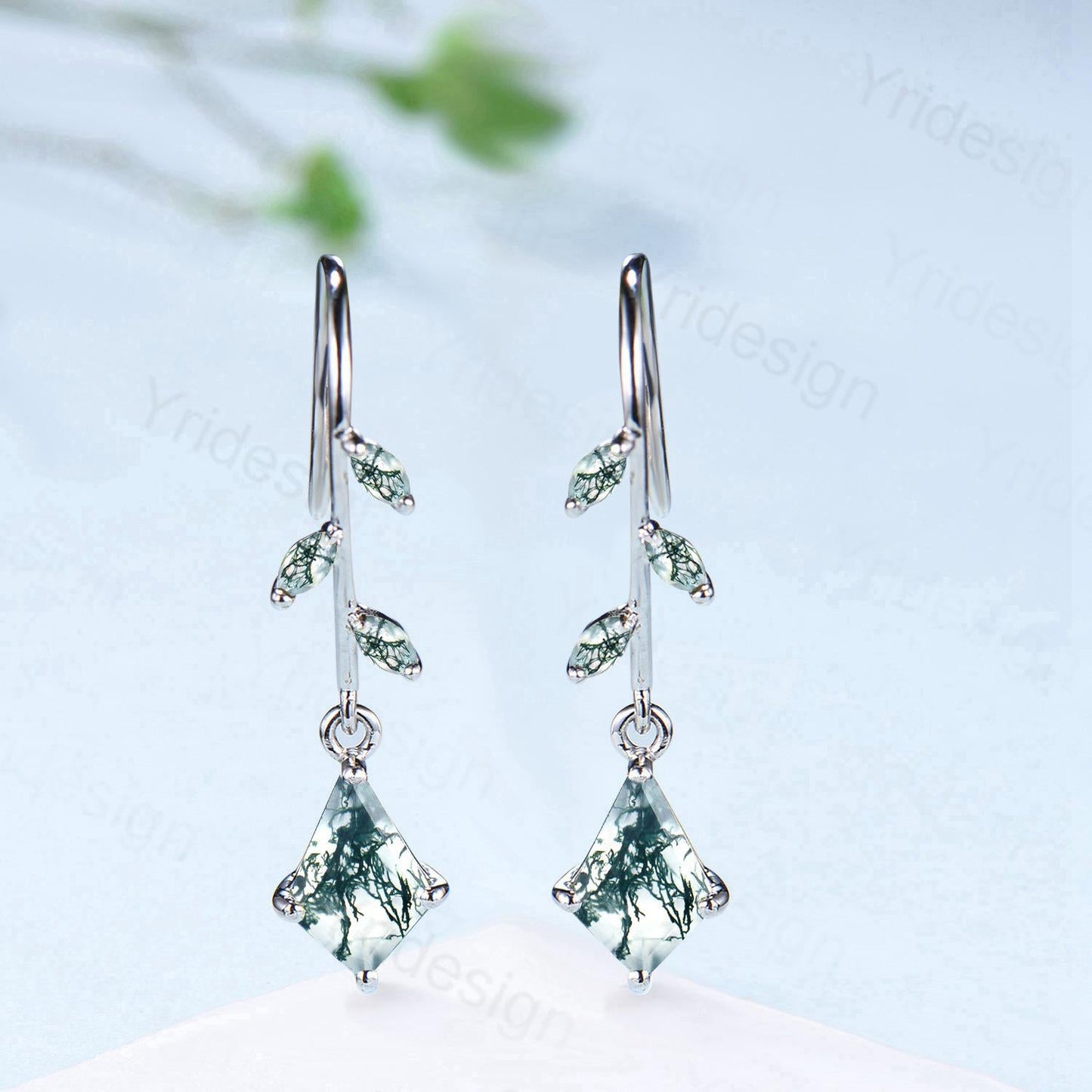 Vintage kite moss agate earrings Unique pinwheel earrings marquise agate drop stud earrings dainty green gemstone anniversary promise gift