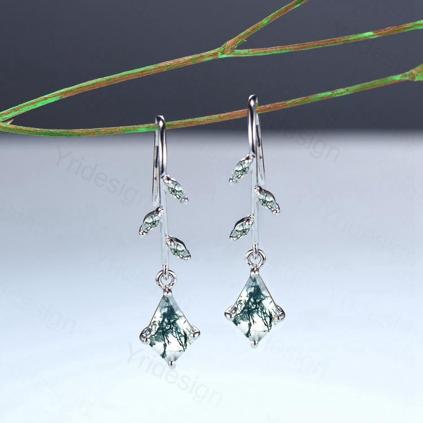 Vintage kite moss agate earrings Unique pinwheel earrings marquise agate drop stud earrings dainty green gemstone anniversary promise gift