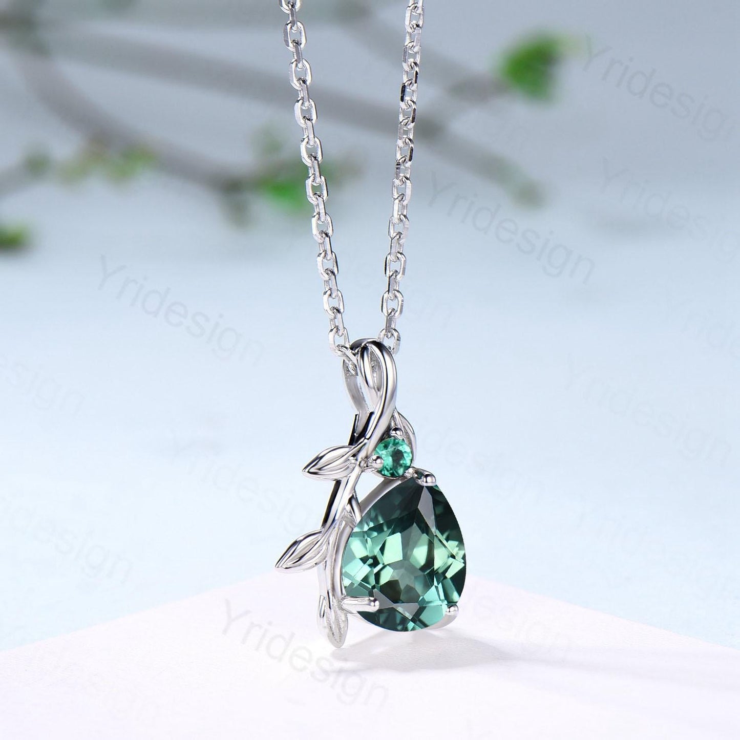 Natural Inspired Green Sapphire Necklace leaf vine branch Teal Sapphire necklace elegant twisted emerald pendant anniversary gifts for mom