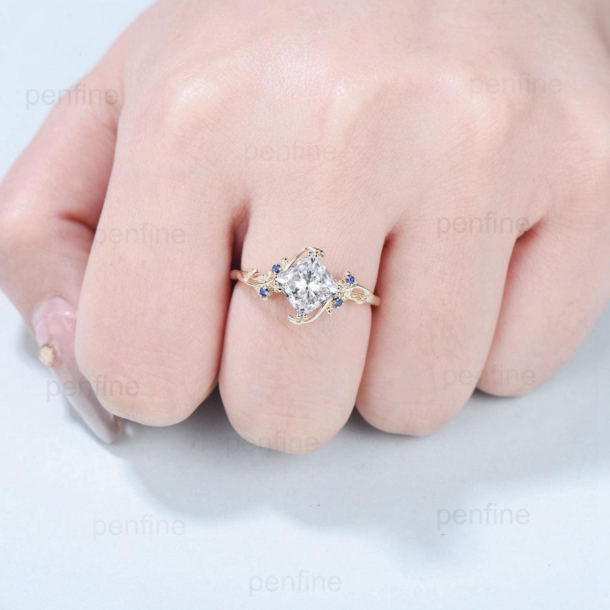 2CT Princess Cut Moissanite Engagement Ring Nature Inspired Sapphire Leaf Twig Gold Ring