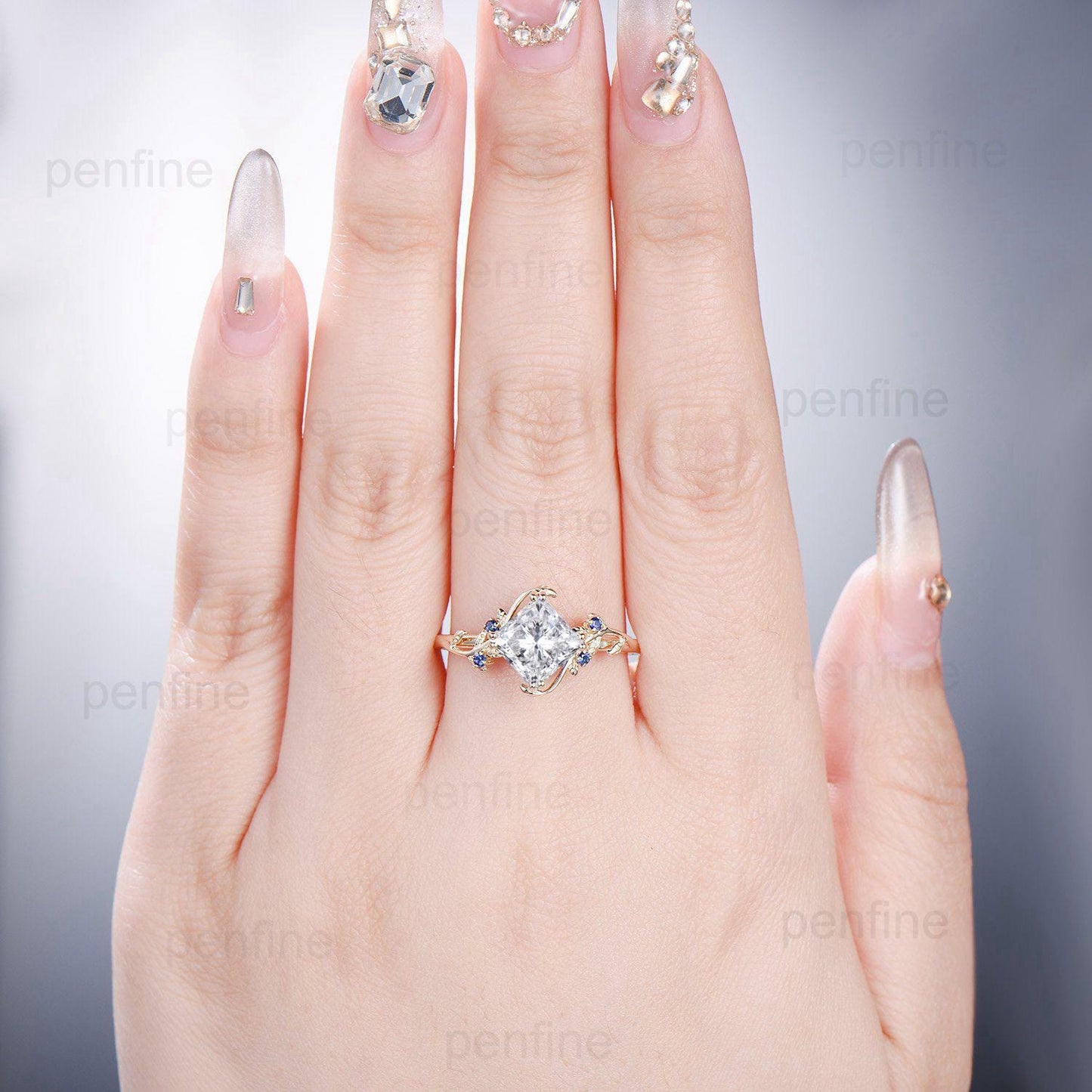 2CT Princess Cut Moissanite Engagement Ring Nature Inspired Sapphire Leaf Twig Gold Ring