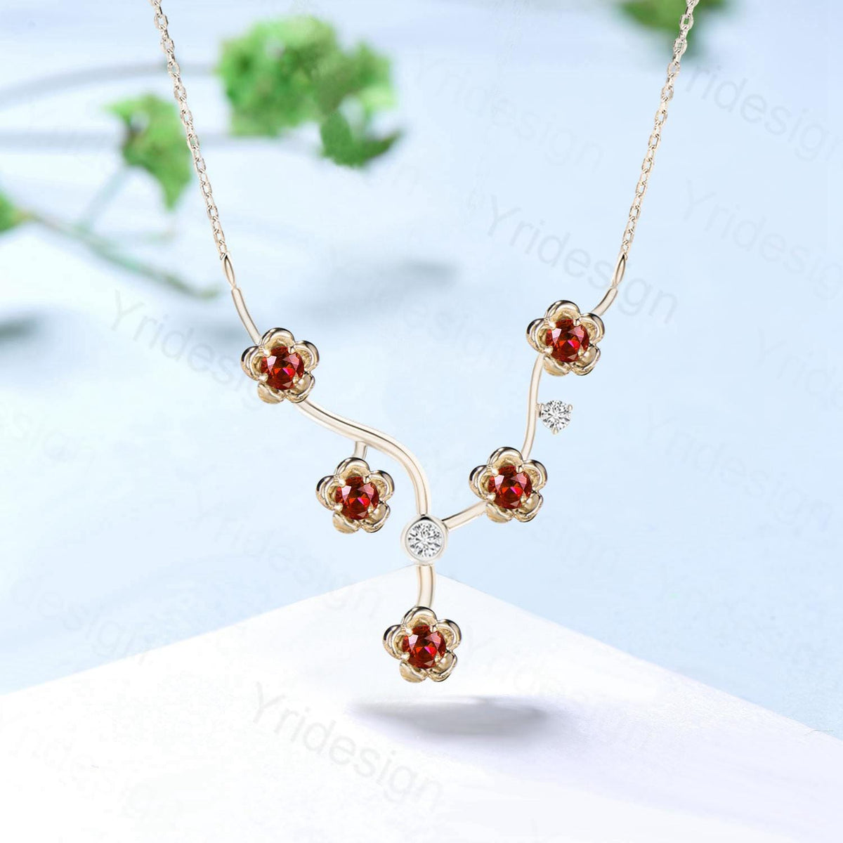 Unique Enhanced Floral Red Ruby Necklace Nature Inspired Ruby Necklace  Flower Pendant Snowflake branch pendant Anniversary gift for women