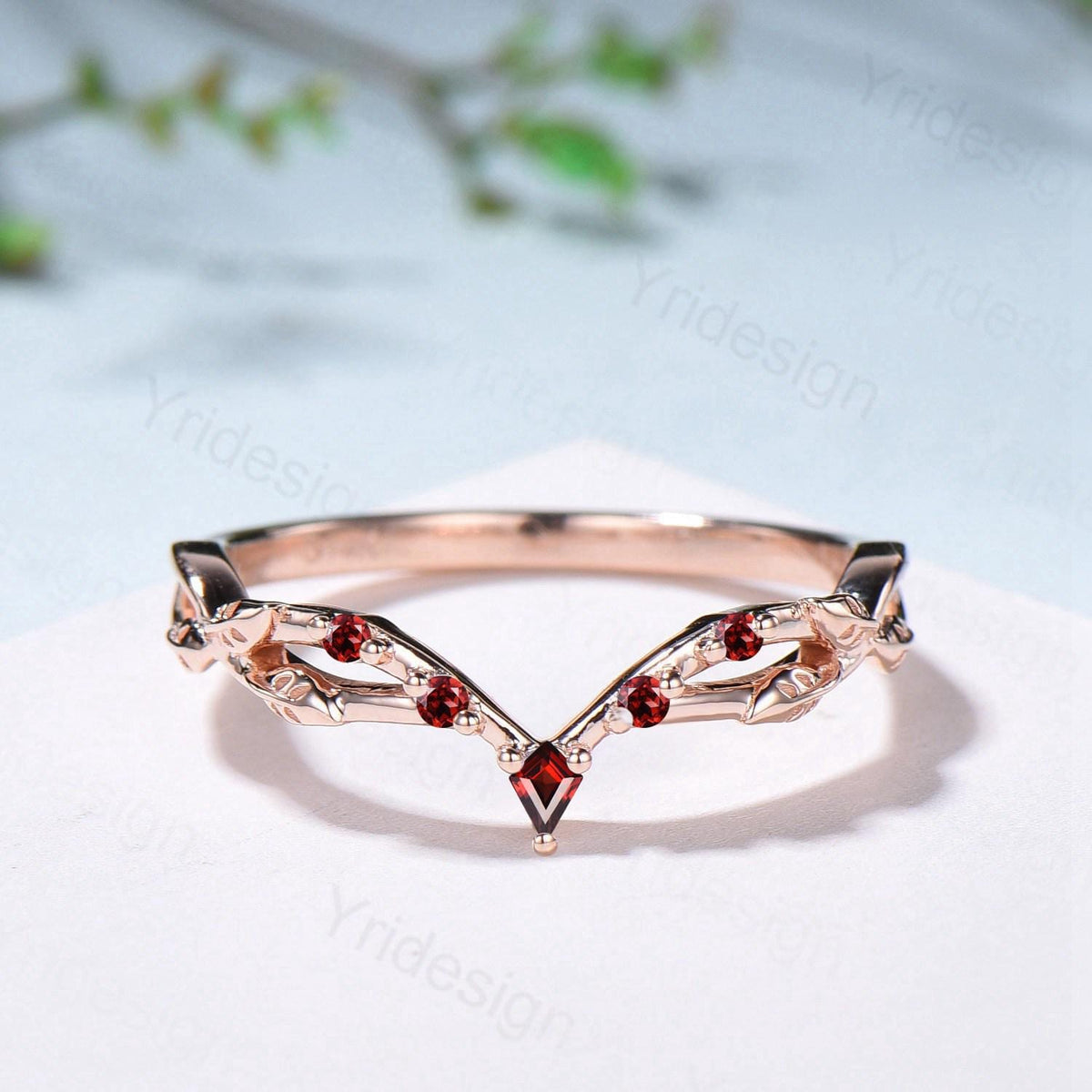 Vintage Curved Garnet Wedding Band Split Shank Promise Ring Leaf Vine January Birthstone Stackable Matching Band Evil Eye Wedding Ring Women