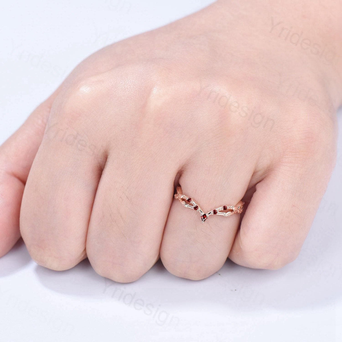 Vintage Curved Garnet Wedding Band Split Shank Promise Ring Leaf Vine January Birthstone Stackable Matching Band Evil Eye Wedding Ring Women