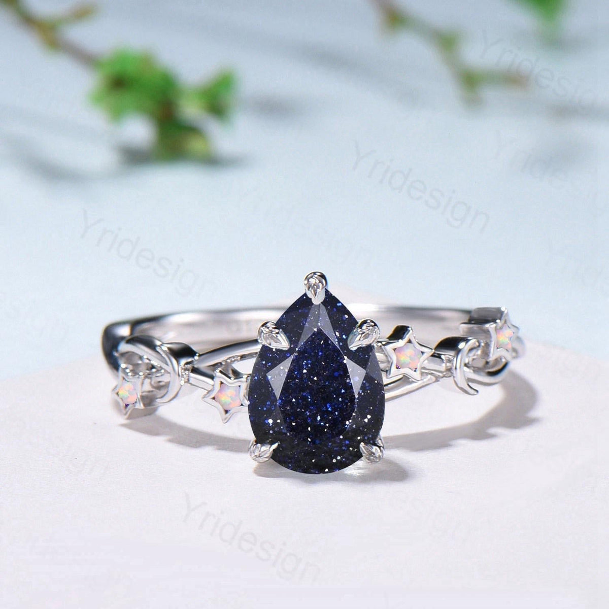 Vintage Pear Shaped Blue Sandstone Engagement Ring Moon Star Cluster Amethyst Wedding Ring Silver Gold Galaxy Leaves Prong Promise Ring