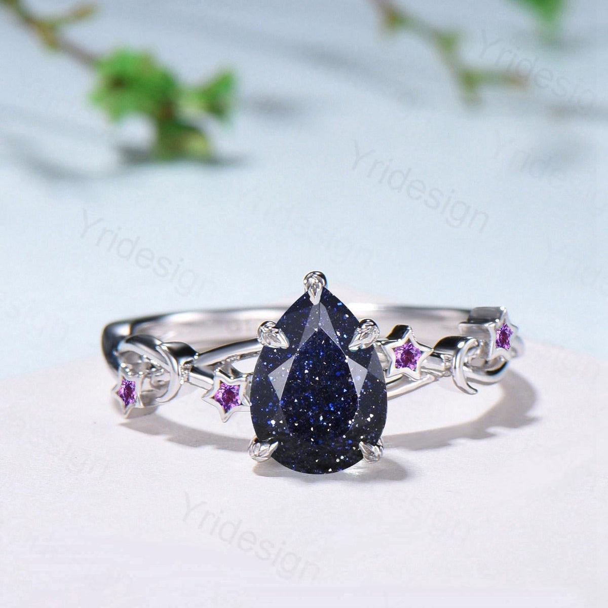 Vintage Pear Shaped Blue Sandstone Engagement Ring Moon Star Cluster Amethyst Wedding Ring Silver Gold Galaxy Leaves Prong Promise Ring