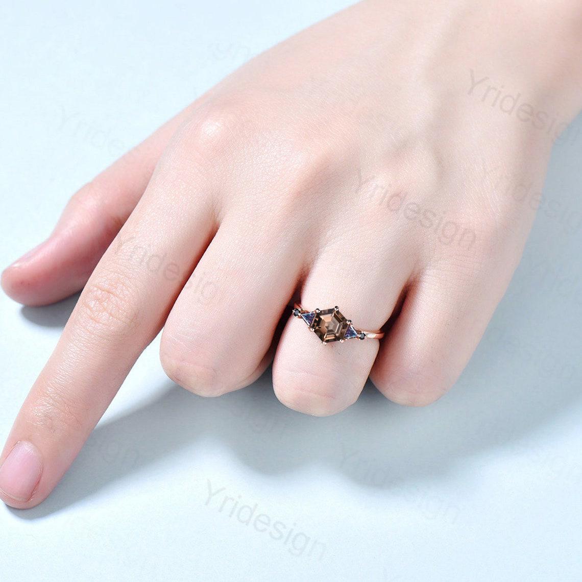 Five Stone Brown Smoky Quartz Engagement Ring Unique Trillion Alexandrite Promise Ring For Women Black Spinel Anniversary Proposal Gift