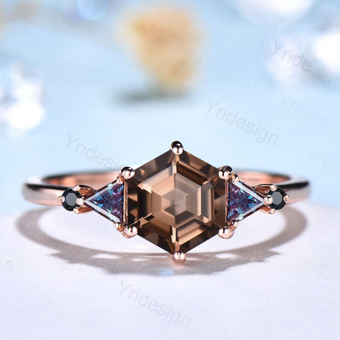 Five Stone Brown Smoky Quartz Engagement Ring Unique Trillion Alexandrite Promise Ring For Women Black Spinel Anniversary Proposal Gift