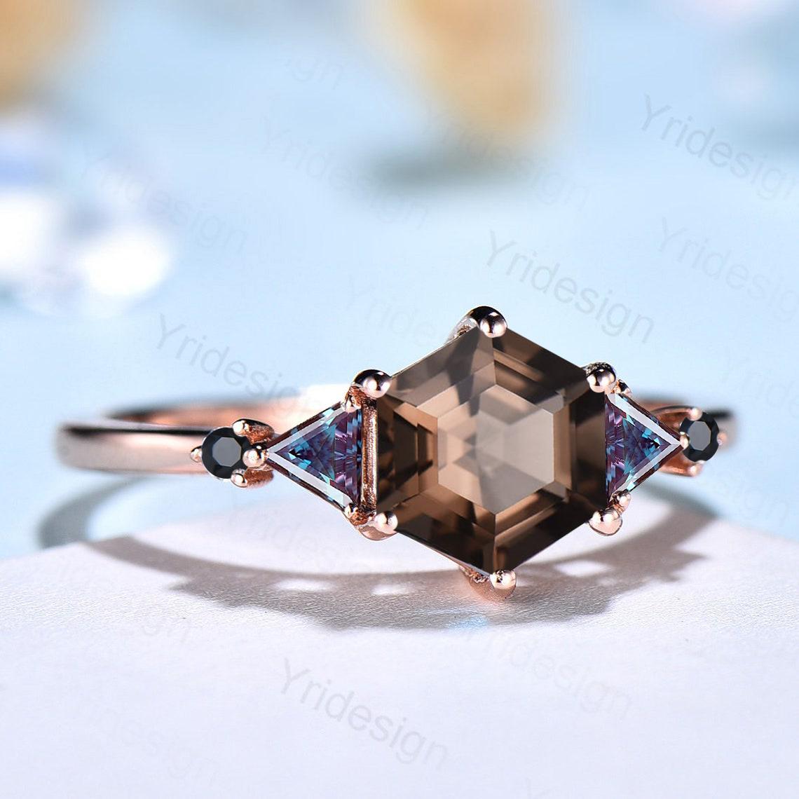 Five Stone Brown Smoky Quartz Engagement Ring Unique Trillion Alexandrite Promise Ring For Women Black Spinel Anniversary Proposal Gift