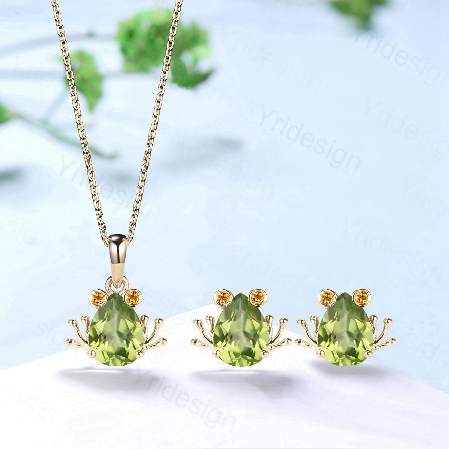 Unique Frog Necklace and Earrings Pear Shaped Natural Peridot Citrine Fine Jewelry Animal Inspired Silver Rose Gold Amphibian Wedding Set