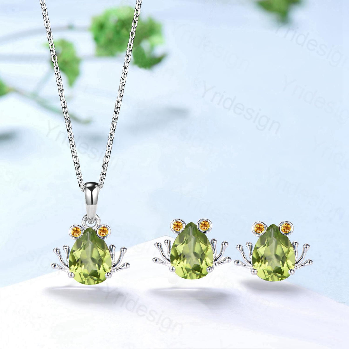 Unique Frog Necklace and Earrings Pear Shaped Natural Peridot Citrine Fine Jewelry Animal Inspired Silver Rose Gold Amphibian Wedding Set