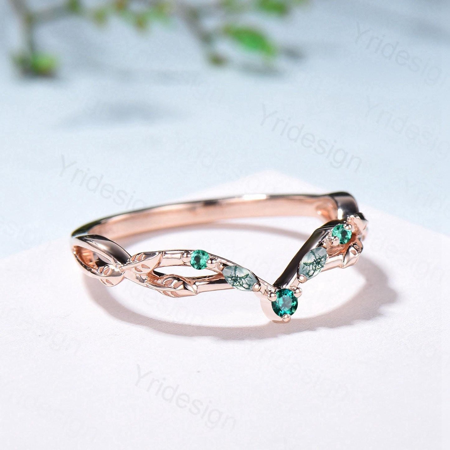 Vintage Curved Marquise Moss Agate Wedding Band Art Deco Leaf Vine Emerald  Stackable Matching Band Evil Eye Wedding Ring Anniversary Gifts