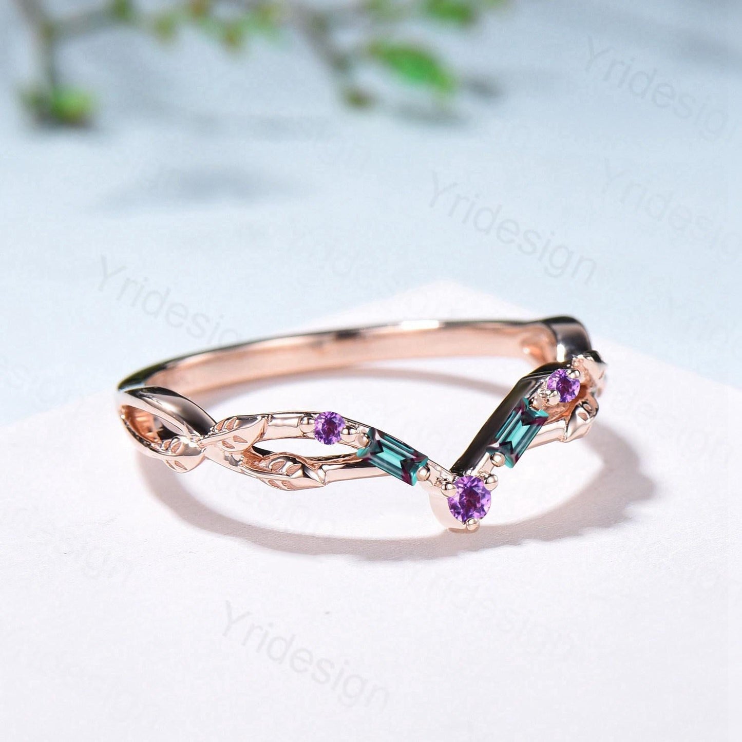 Vintage Curved Baguette Alexandrite Wedding Band Leaf Vine Amethyst Wedding Ring Stackable Matching Band Evil Eye Anniversary Promise Gift