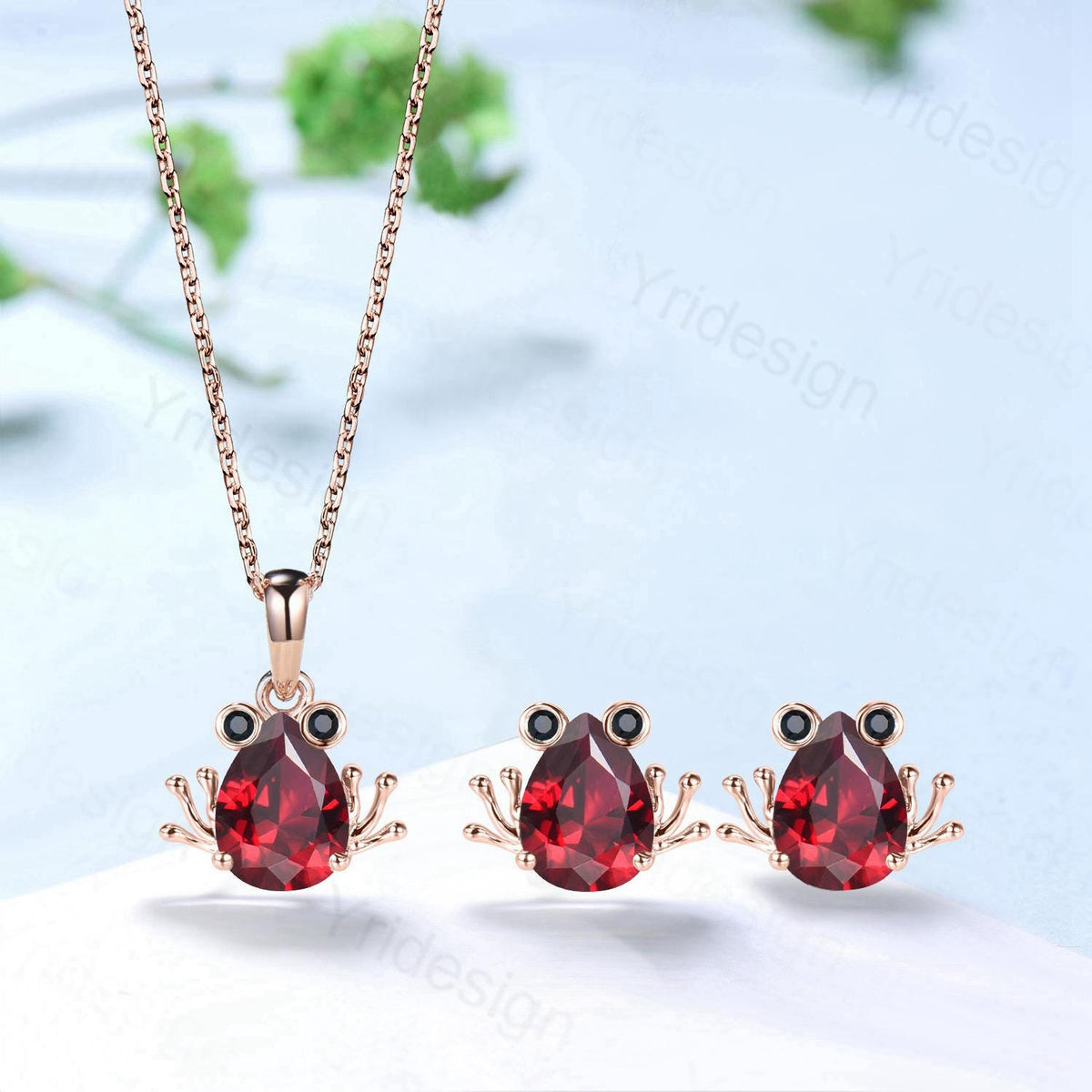 Handmade Rose Gold Garnet Frog Necklace & Spinel Earrings Set