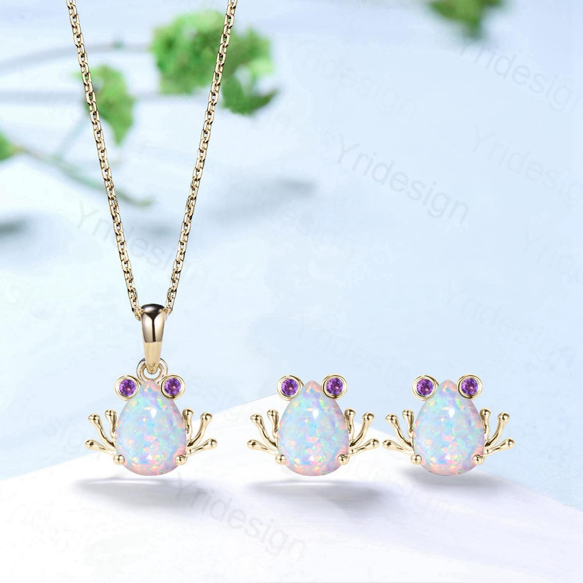 Unique Pear Shaped White Opal Frog Necklace Animal Inspired Frog Opal Amethyst Earring Silver Rose Gold Cute Amphibian Jewelry Wedding Set