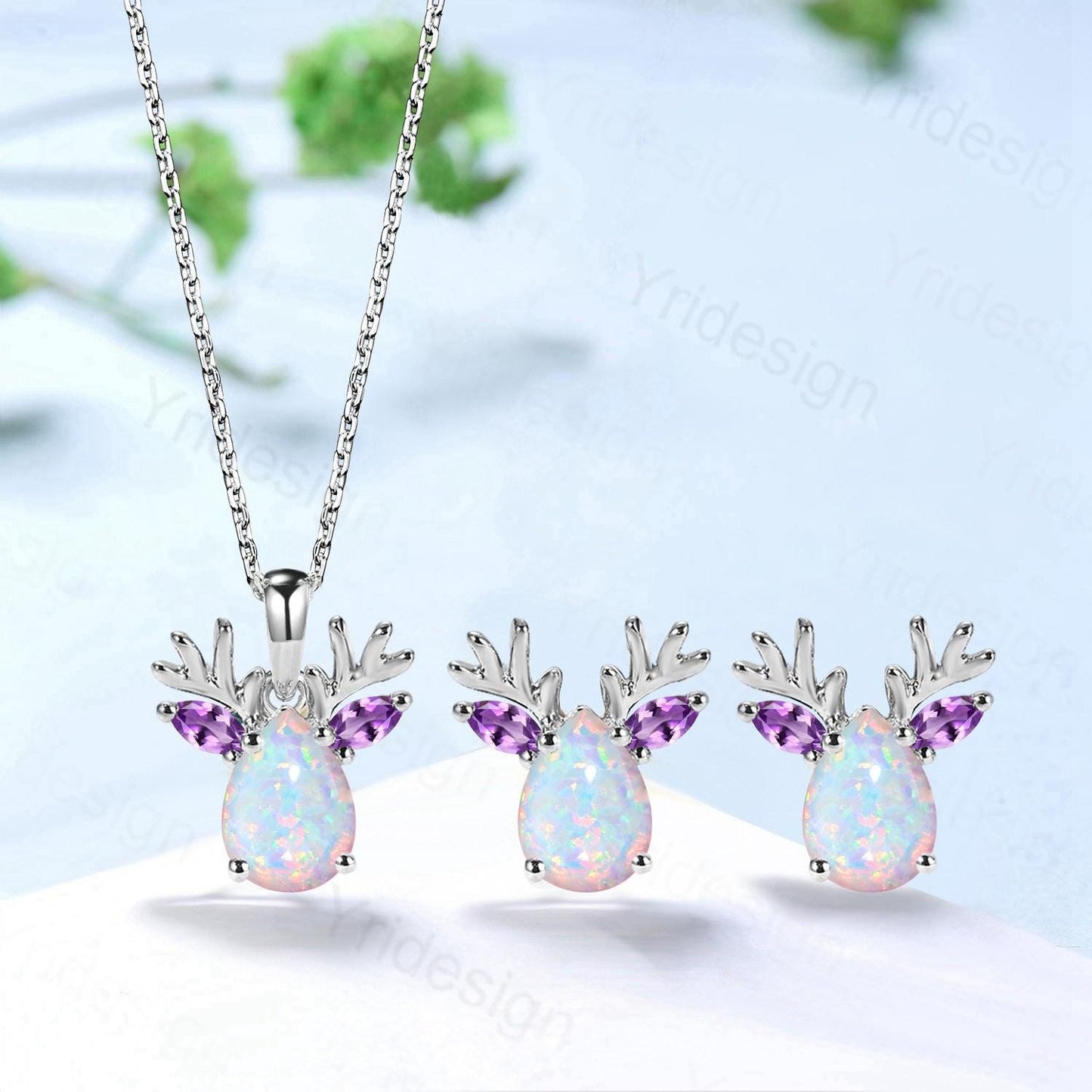 Handmade 14K Gold Deer Antler Opal Necklace with Amethyst