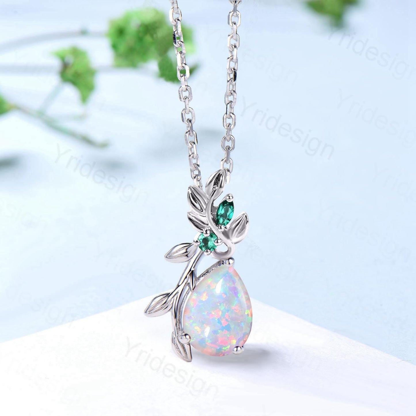Elegant Pear Shaped White Opal Pendant Necklace fire opal leaf branch necklace Twisted nature inspired October birthstone anniversary gifts