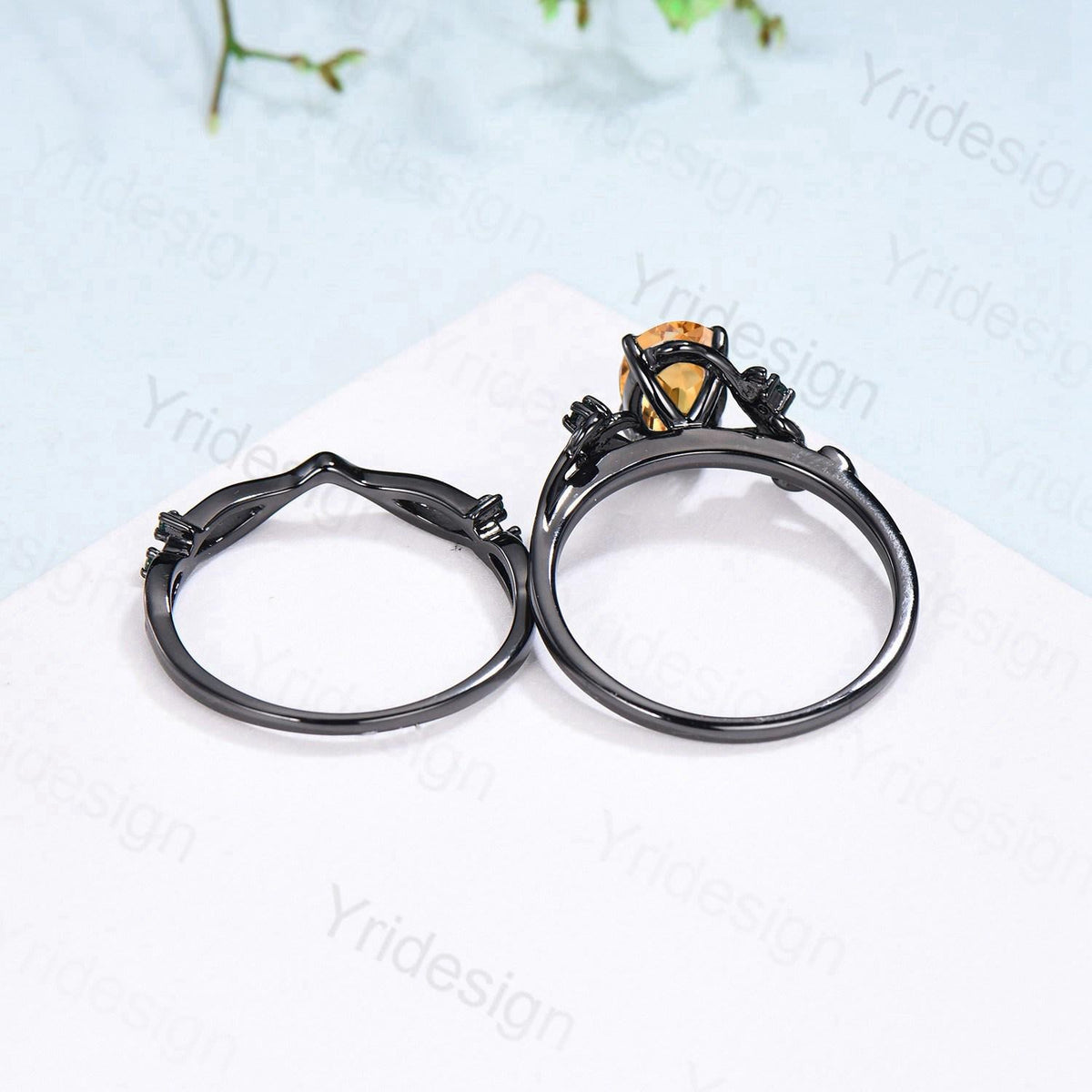 Unique black gold citrine ring set Nature Inspired yellow citrine engagement ring vintage Leaf branch wedding ring set November birthstone