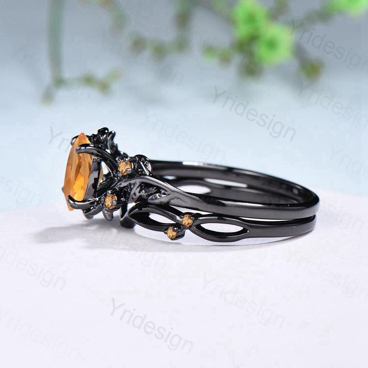 Unique black gold citrine ring set Nature Inspired yellow citrine engagement ring vintage Leaf branch wedding ring set November birthstone