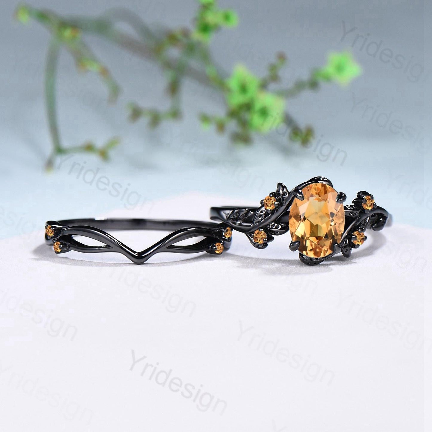 Unique black gold citrine ring set Nature Inspired yellow citrine engagement ring vintage Leaf branch wedding ring set November birthstone