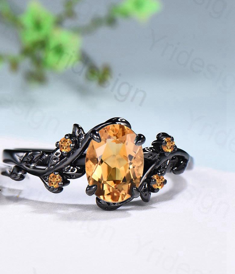 Unique black gold citrine ring set Nature Inspired yellow citrine engagement ring vintage Leaf branch wedding ring set November birthstone