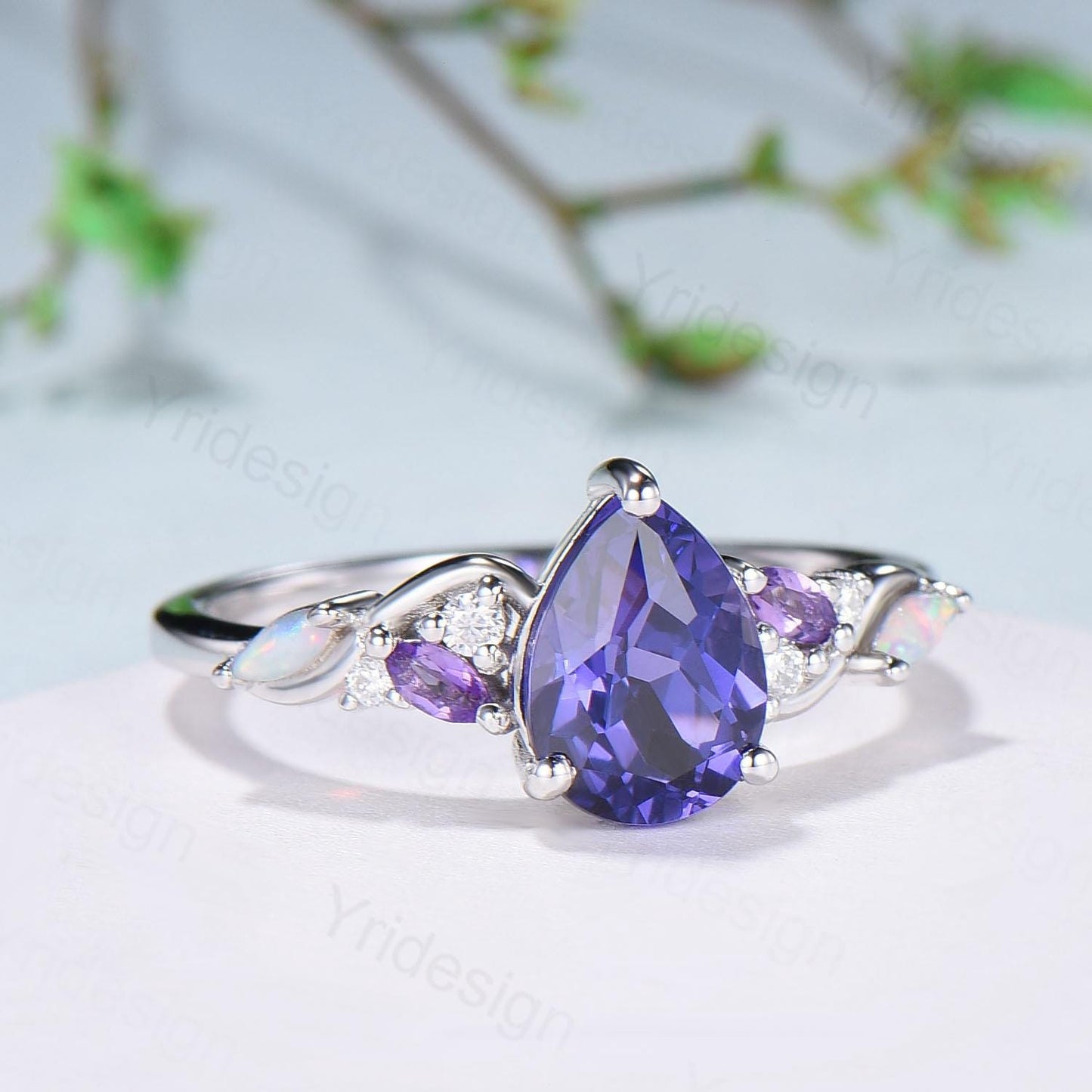 Celestial Tear Purple Sapphire Ring - Deep Purple & Iridescent Opal