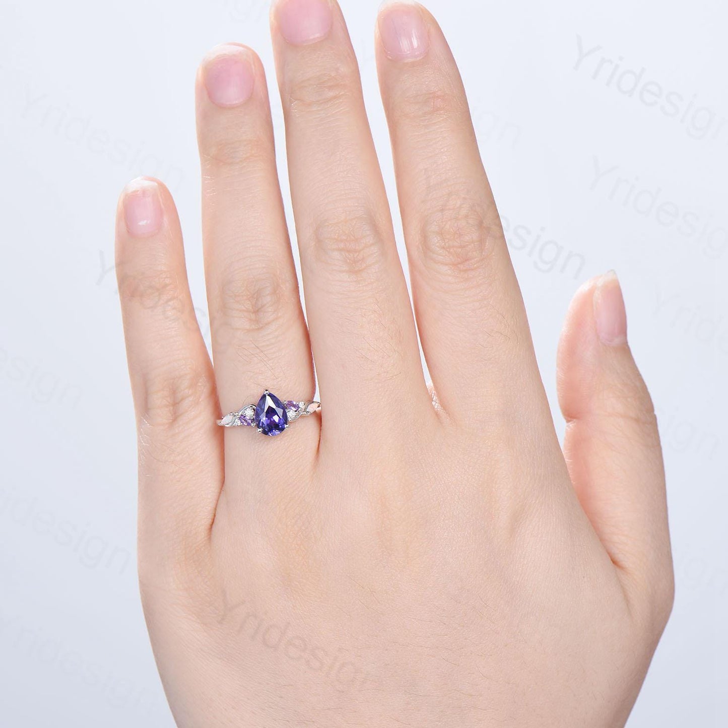 Celestial Tear Purple Sapphire Ring - Deep Purple & Iridescent Opal