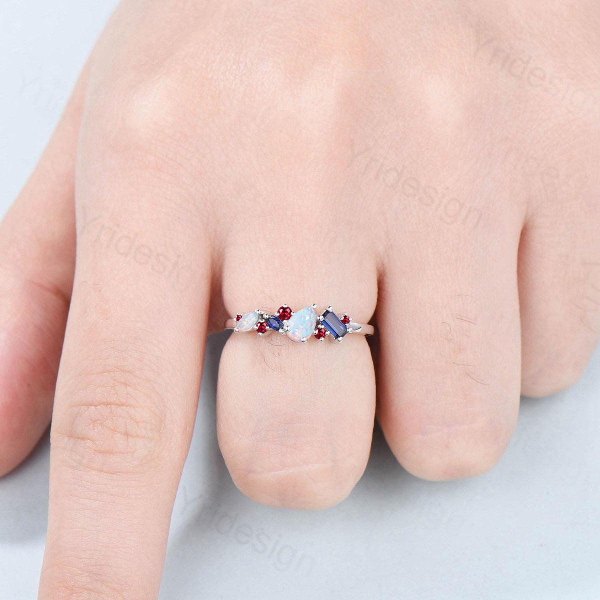 Vintage Multi Stone Ring Pear and Marquise Opal Wedding Ring Baguette Sapphire Wedding Band Unique Ruby Stacking Matching band Birthday Gift