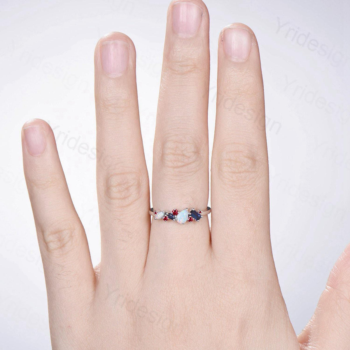 Vintage Multi Stone Ring Pear and Marquise Opal Wedding Ring Baguette Sapphire Wedding Band Unique Ruby Stacking Matching band Birthday Gift