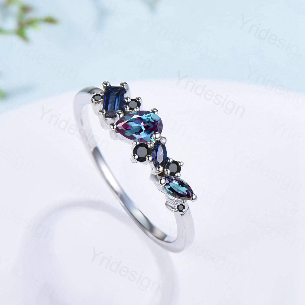 Vintage Multi Stone Ring, Pear and Marquise Alexandrite Wedding Ring, Baguette Sapphire Wedding Band, Unique Spinel Stacking Matching Band