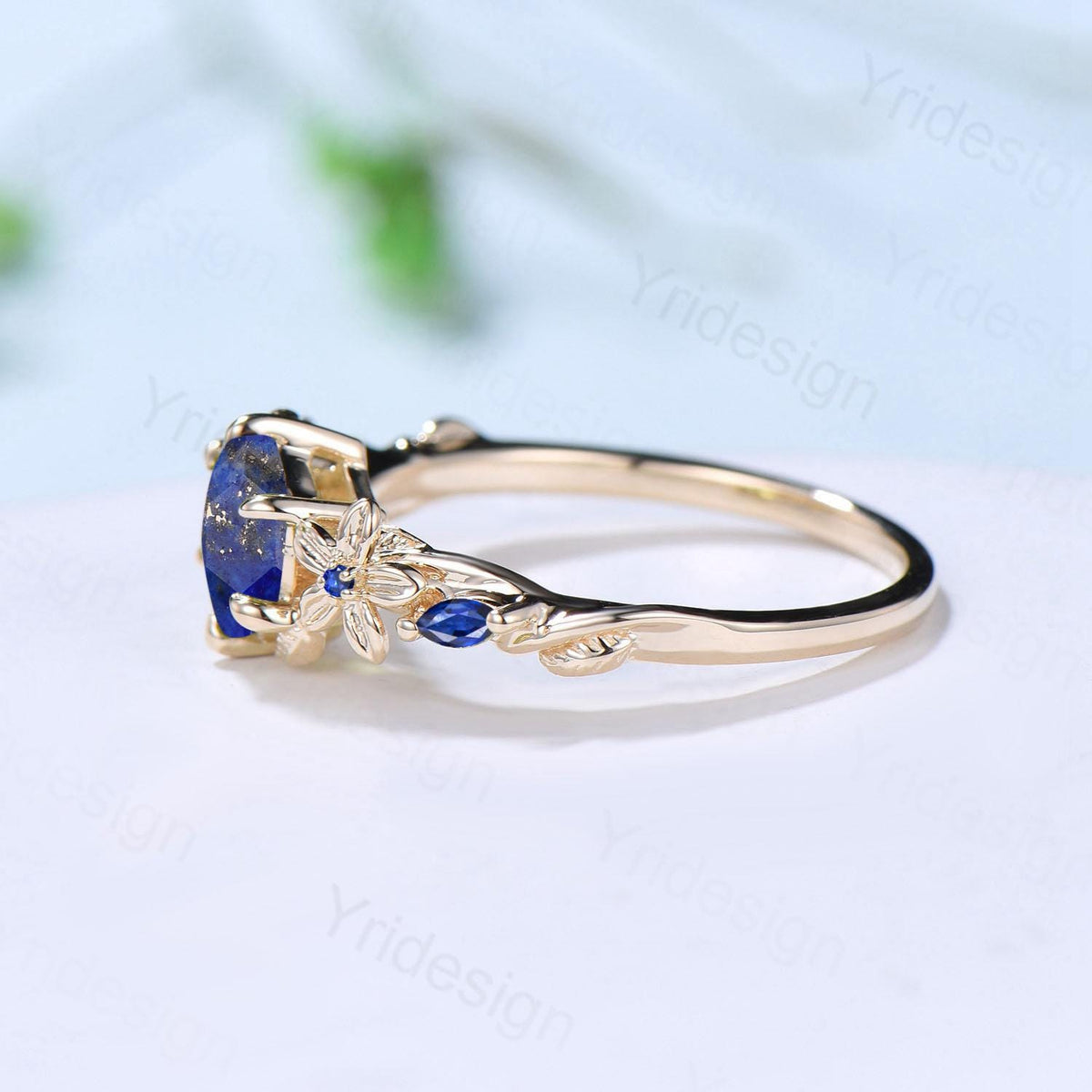 Vintage Lapis Lazuli Ring Floral Hexagon Cut Lapis Lazuli Engagement Ring 14K Yellow Gold Leaves Twisted Garden Inspired Wedding Ring Women