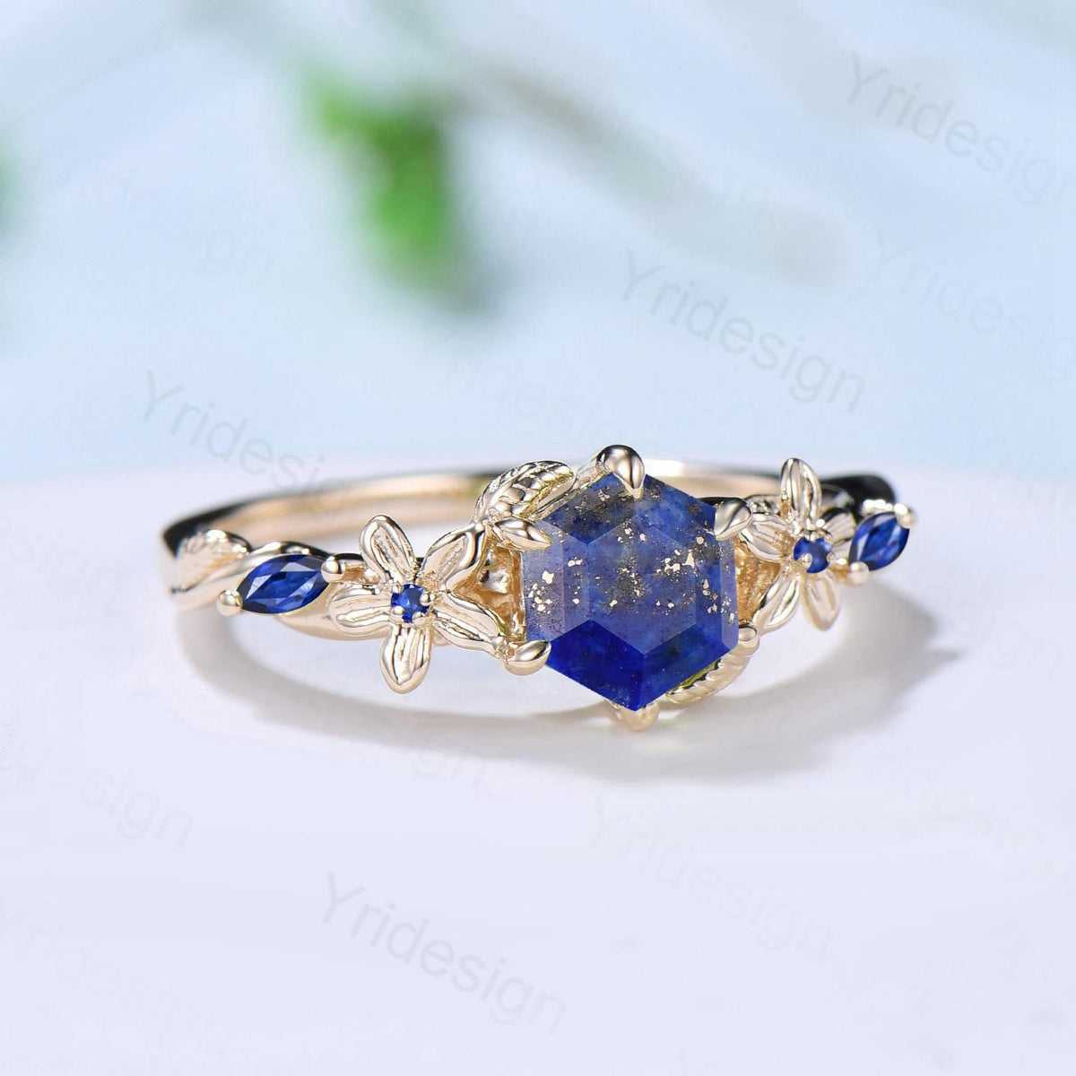 Vintage Lapis Lazuli Ring Floral Hexagon Cut Lapis Lazuli Engagement Ring 14K Yellow Gold Leaves Twisted Garden Inspired Wedding Ring Women
