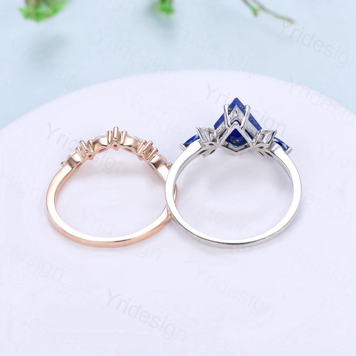 Vintage Lapis Lazuli Engagement Ring Set Kite Cut Unique Cluster Sapphire Seven Stone Lapis Lazuli Bridal Ring Set Anniversary Promise Gift