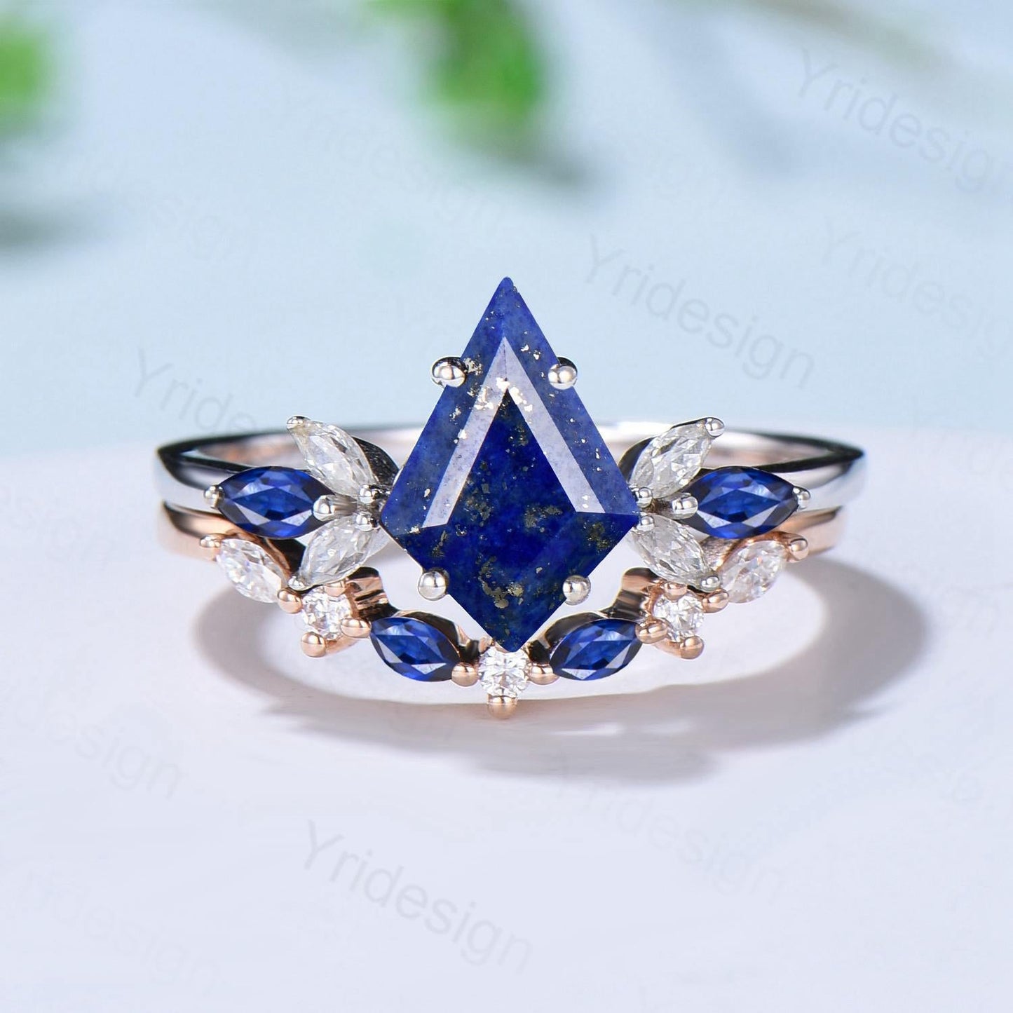 Vintage Lapis Lazuli Engagement Ring Set Kite Cut Unique Cluster Sapphire Seven Stone Lapis Lazuli Bridal Ring Set Anniversary Promise Gift