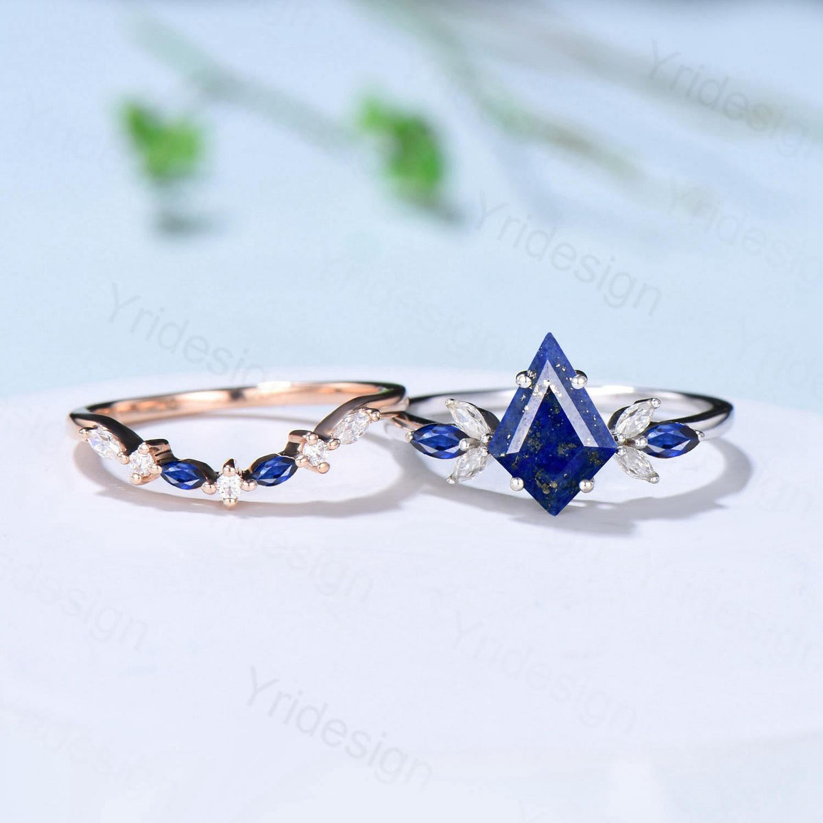 Vintage Lapis Lazuli Engagement Ring Set Kite Cut Unique Cluster Sapphire Seven Stone Lapis Lazuli Bridal Ring Set Anniversary Promise Gift