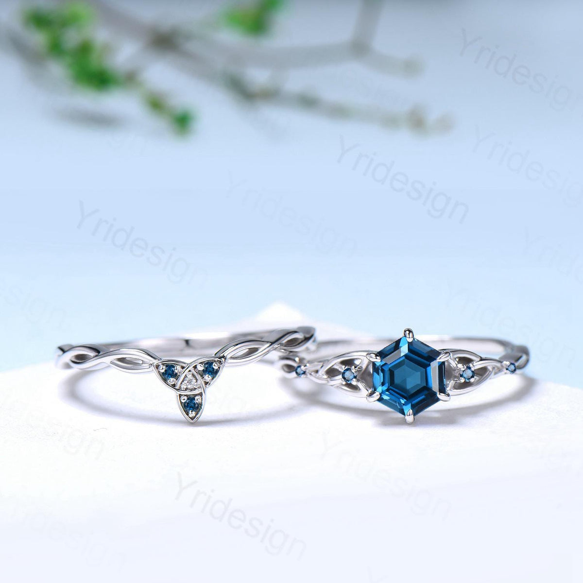 Norse Viking Hexagon Cut London Blue Topaz Ring Set Celtic Love Knot Topaz Engagement Ring Unique Wedding Ring Set Promise Gifts For fiancee