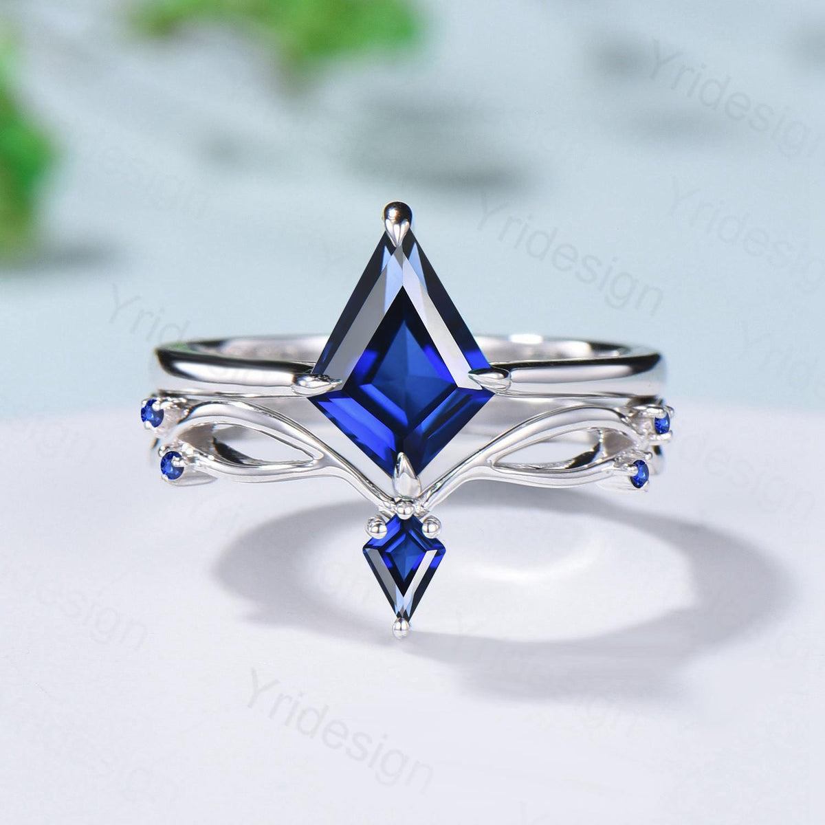Dainty Blue Sapphire Engagement Ring Set Kite Cut Solitaire Minimalist Wedding Set Simple Sep birthstone Bridal Set Anniversary Promise gift
