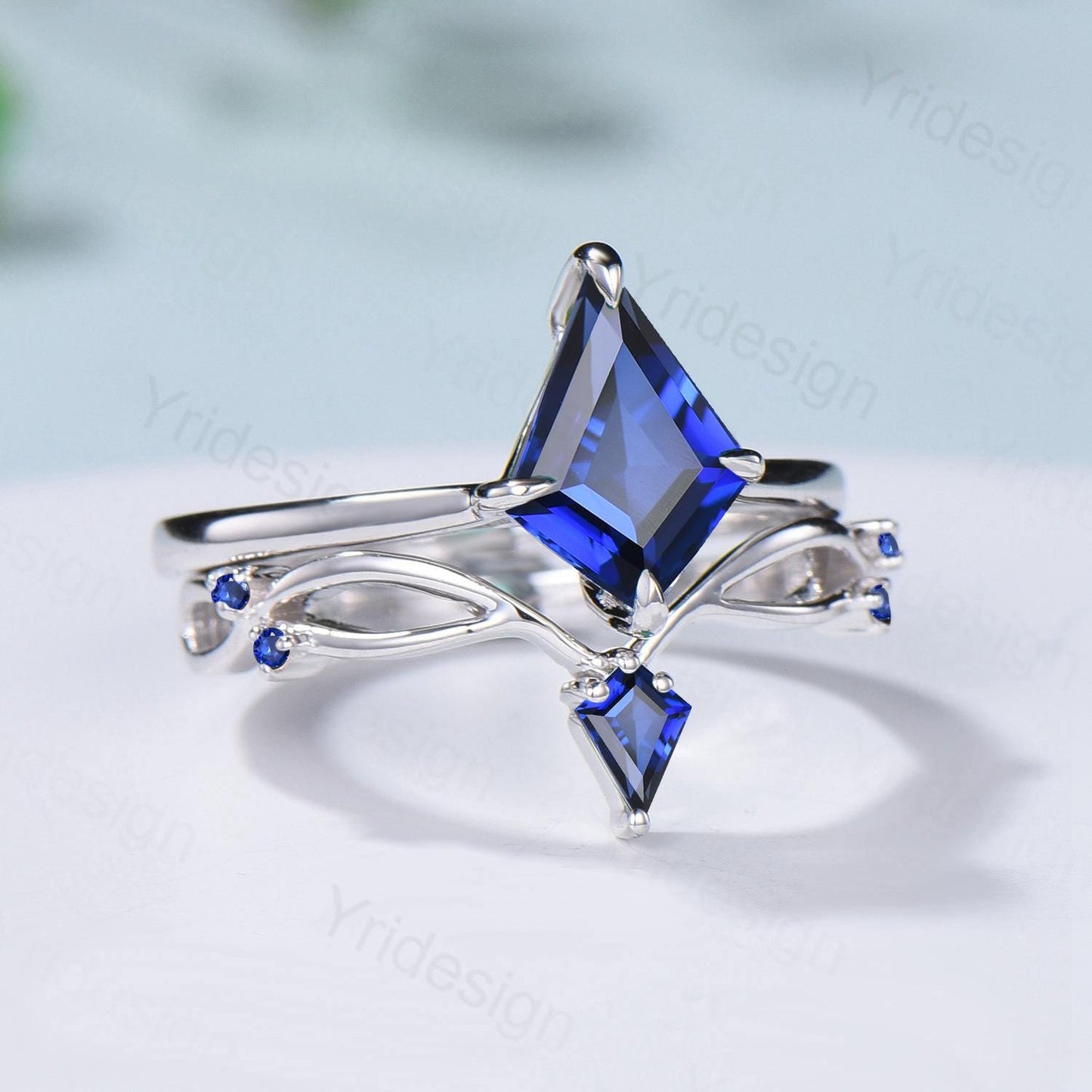 Dainty Blue Sapphire Engagement Ring Set Kite Cut Solitaire Minimalist Wedding Set Simple Sep birthstone Bridal Set Anniversary Promise gift