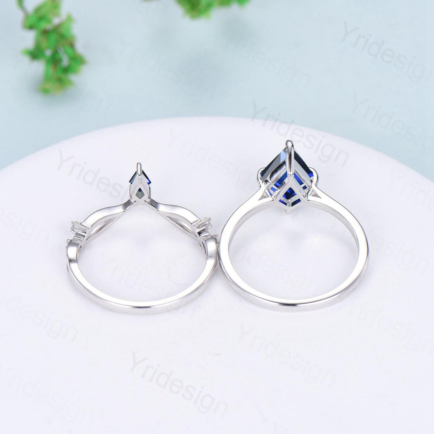 Dainty Blue Sapphire Engagement Ring Set Kite Cut Solitaire Minimalist Wedding Set Simple Sep birthstone Bridal Set Anniversary Promise gift