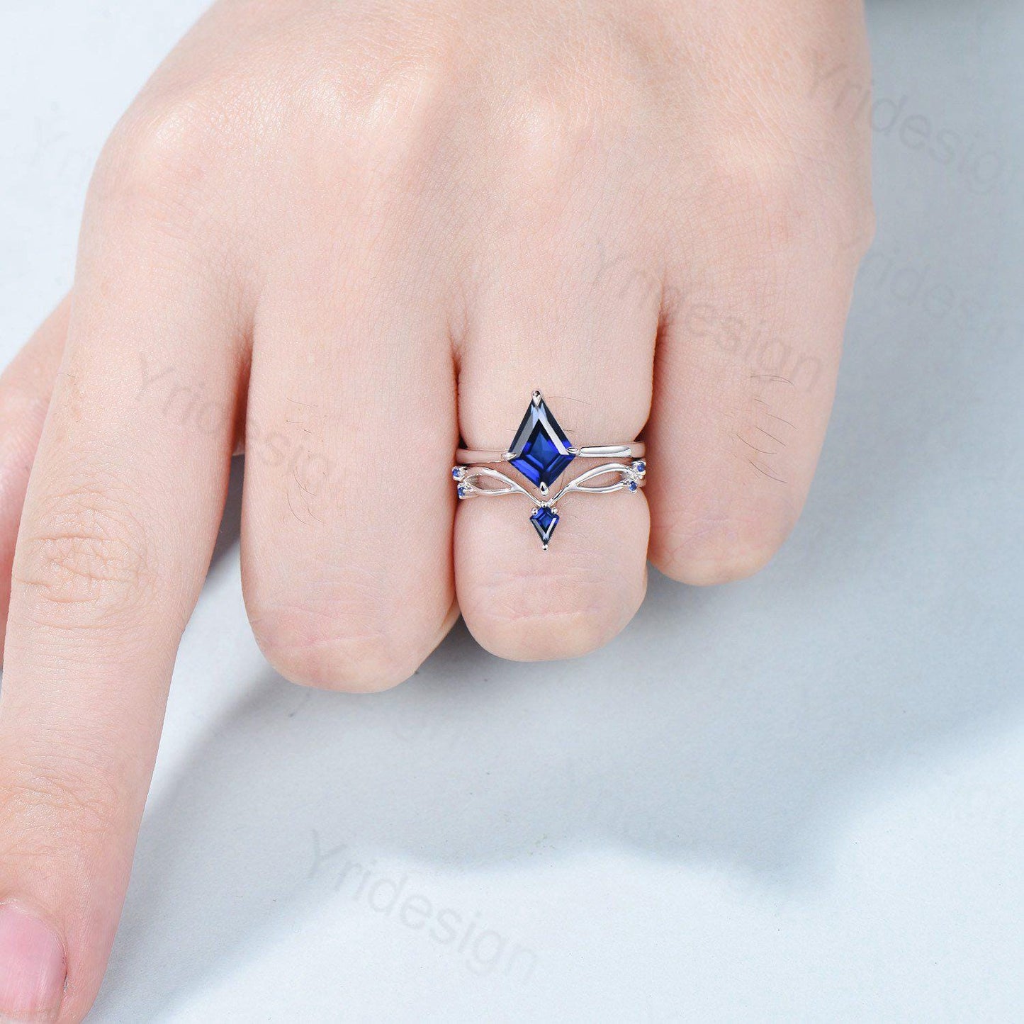 Dainty Blue Sapphire Engagement Ring Set Kite Cut Solitaire Minimalist Wedding Set Simple Sep birthstone Bridal Set Anniversary Promise gift