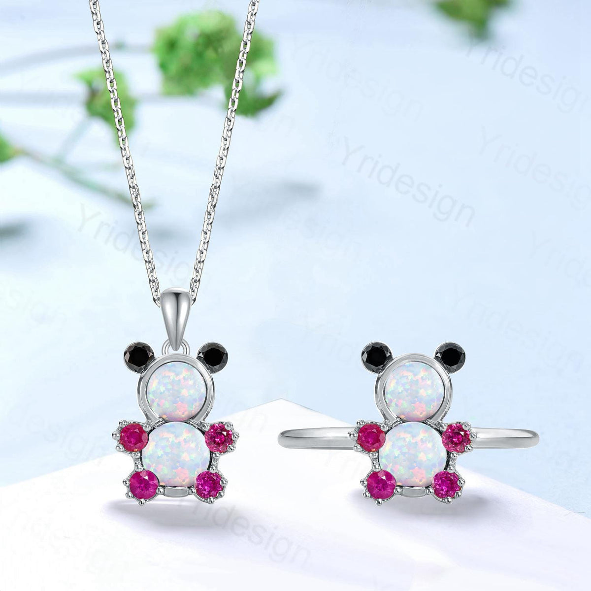 Unique Teddy Bear Jewelry white opal engagement ring and opal necklace cluster ruby animal inspired unique delicate bridal ring set gift