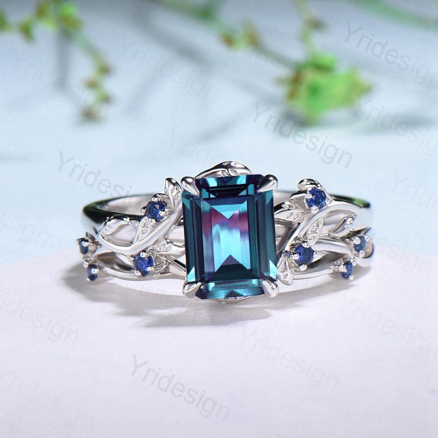 Vintage Emerald cut alexandrite engagement ring set Nature inspired sapphire wedding ring set white gold leaf vine bridal set promise gifts