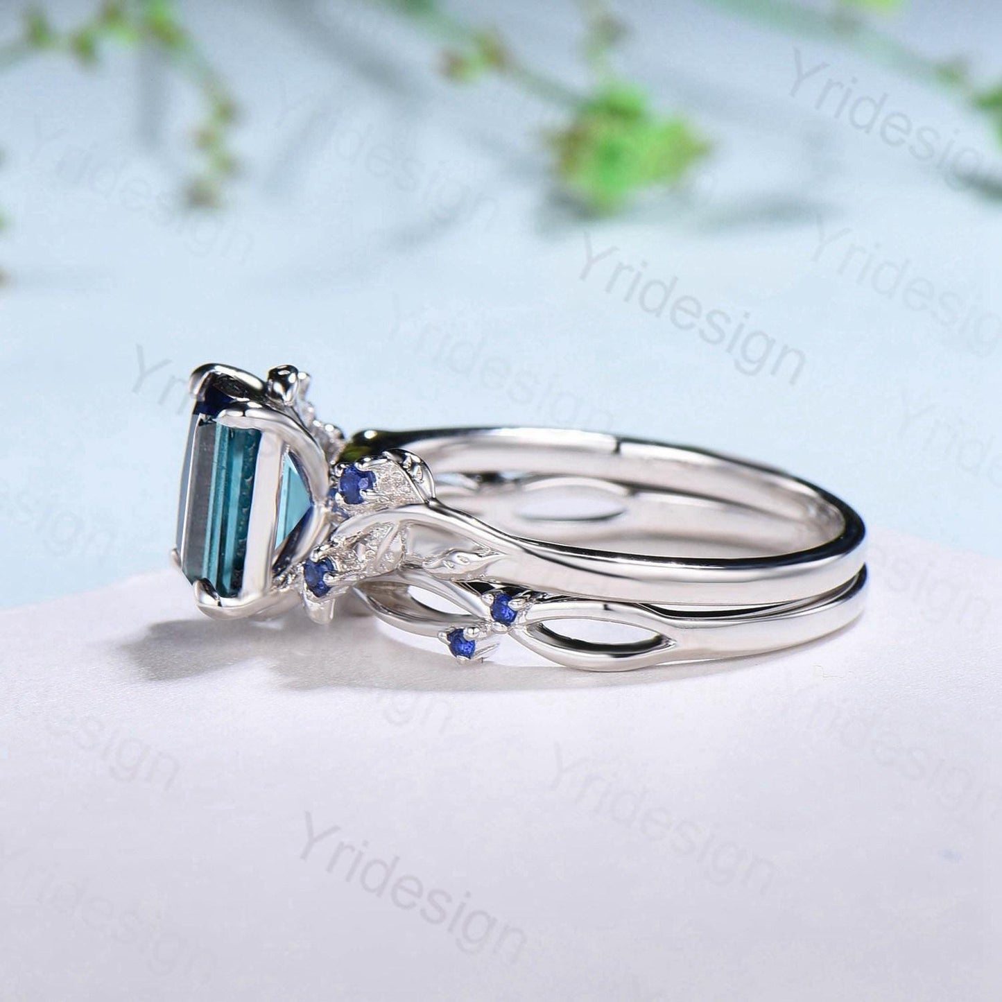 Vintage Emerald cut alexandrite engagement ring set Nature inspired sapphire wedding ring set white gold leaf vine bridal set promise gifts