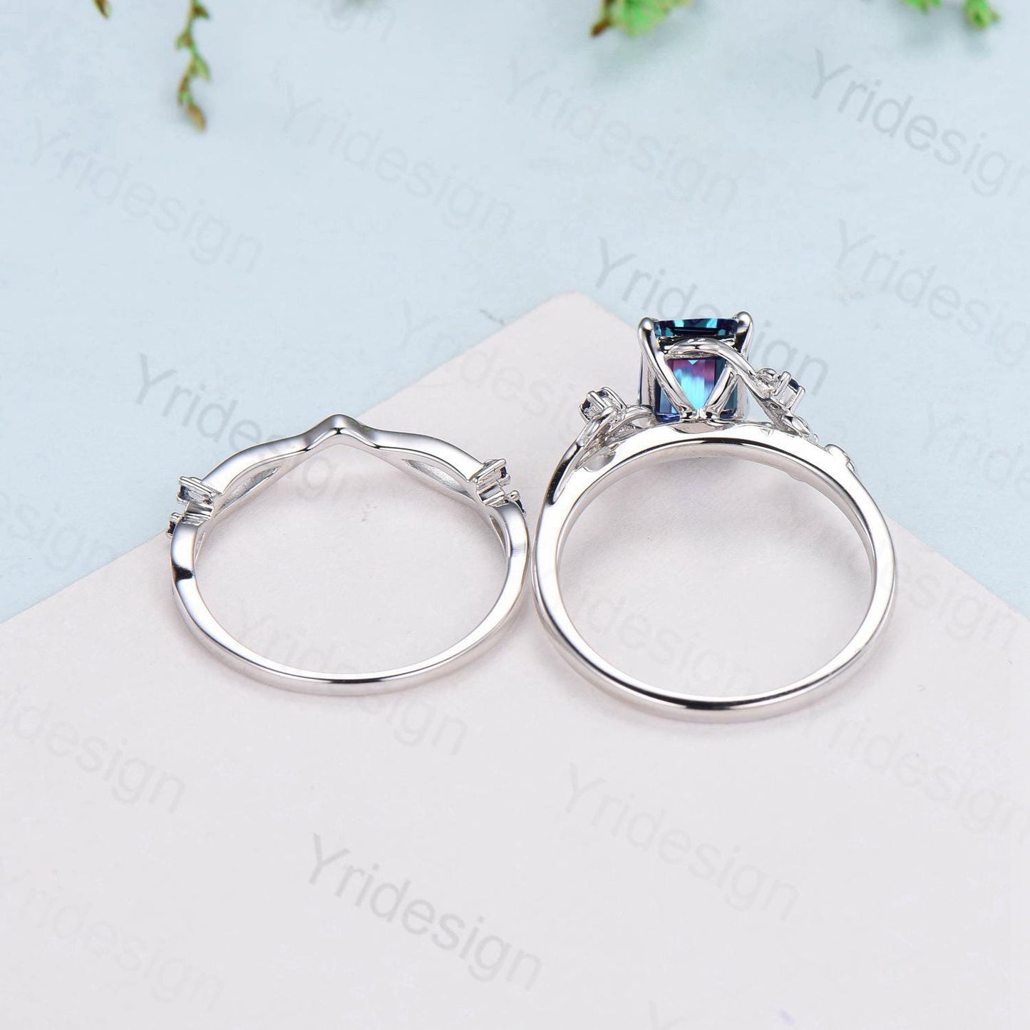 Vintage Emerald cut alexandrite engagement ring set Nature inspired sapphire wedding ring set white gold leaf vine bridal set promise gifts