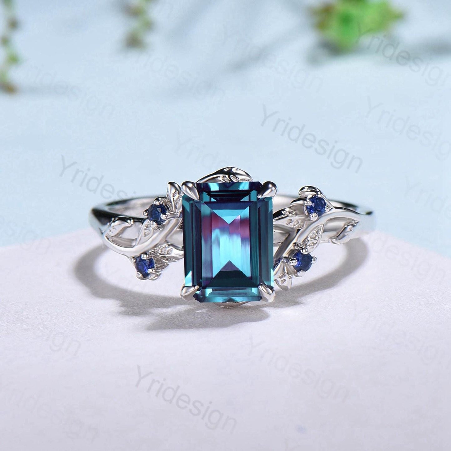 Vintage Emerald cut alexandrite engagement ring set Nature inspired sapphire wedding ring set white gold leaf vine bridal set promise gifts