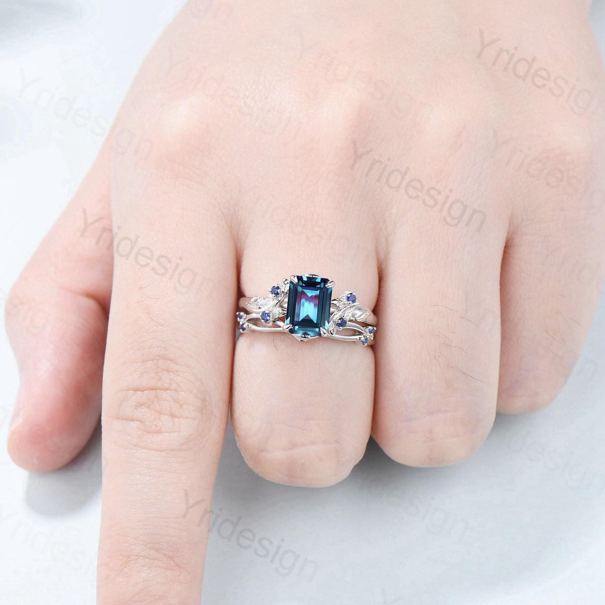 Vintage Emerald cut alexandrite engagement ring set Nature inspired sapphire wedding ring set white gold leaf vine bridal set promise gifts