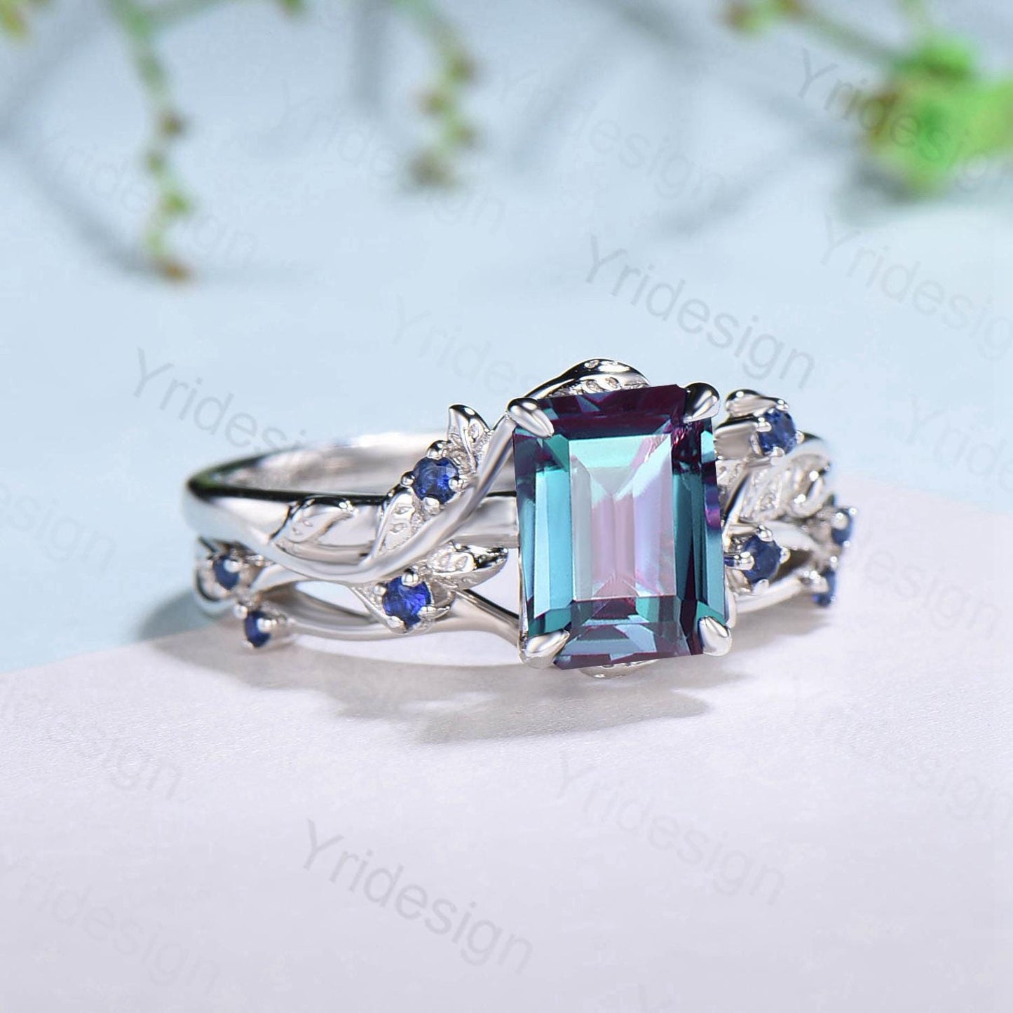 Vintage Emerald cut alexandrite engagement ring set Nature inspired sapphire wedding ring set white gold leaf vine bridal set promise gifts